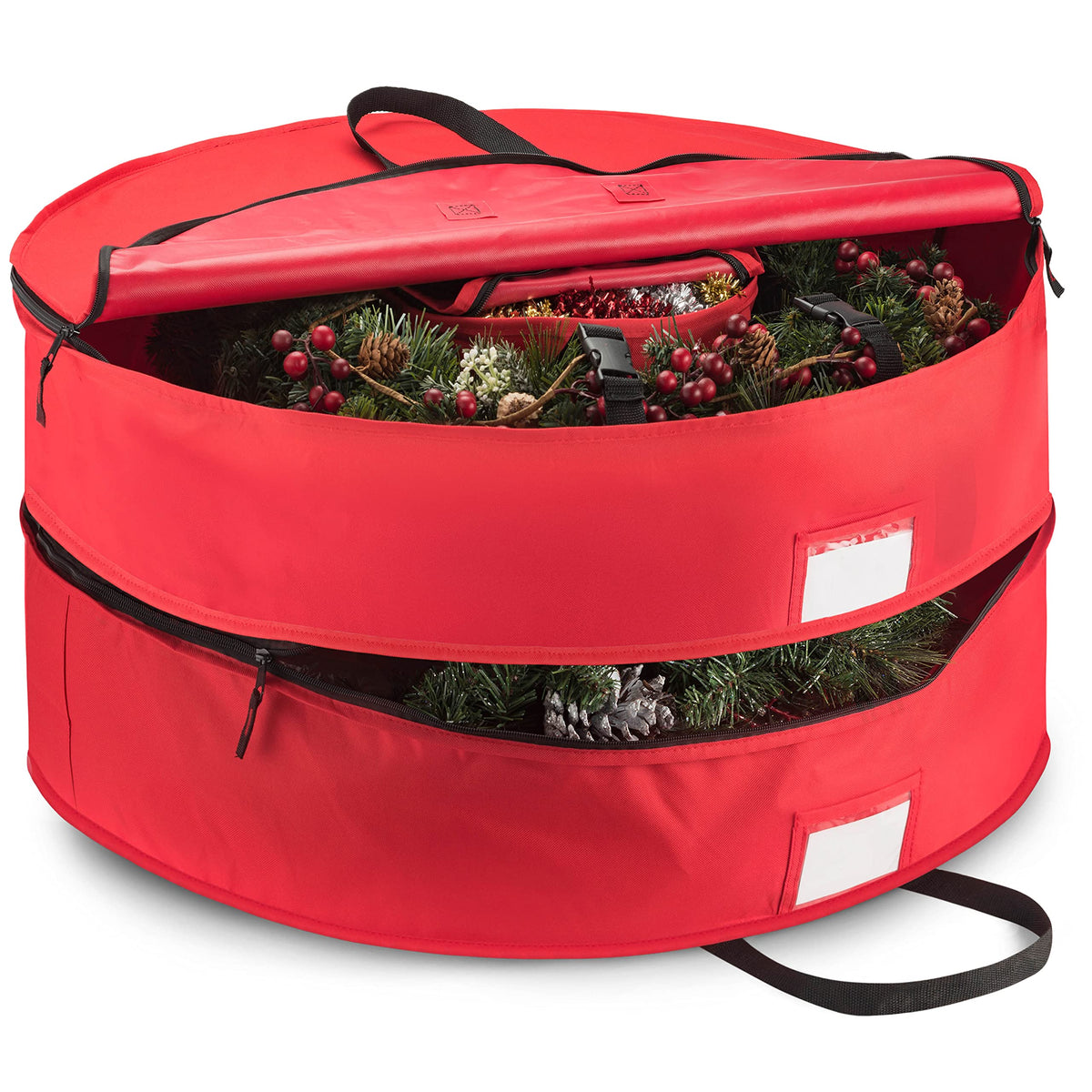 ZOBER front view of red wreath bag showing full-size protection and neat storage