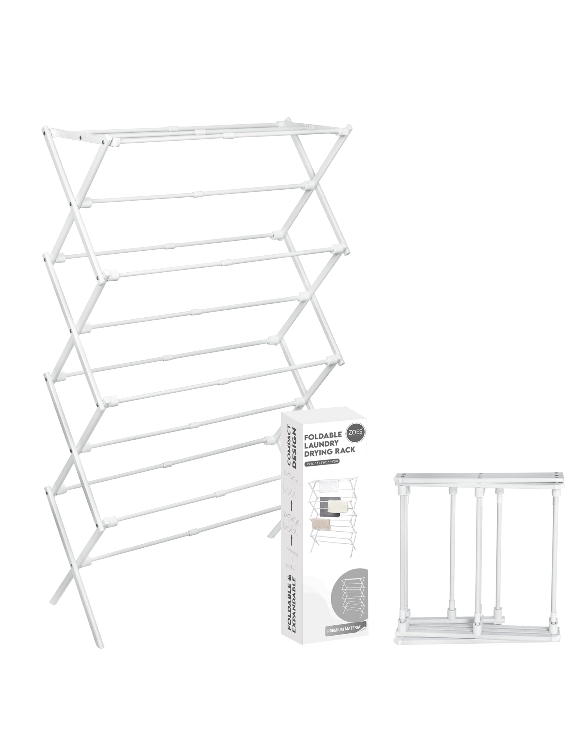 ZOES HOMEWARE front view of 4-tier drying rack showing full setup and benefits
