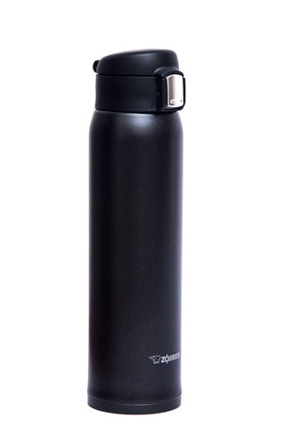 Zojirushi black matte mug front view showing lid and travel-ready design for spill prevention