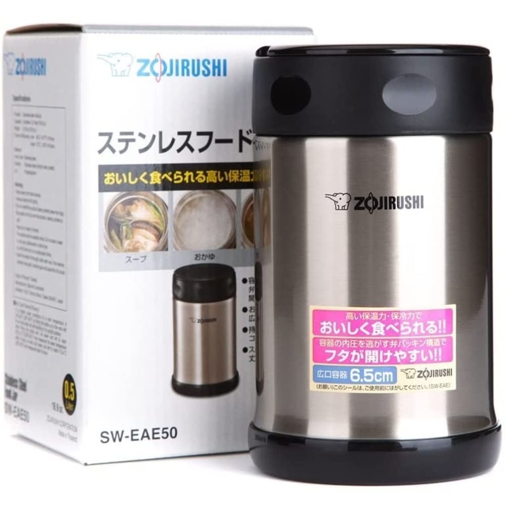Zojirushi jar held in hand demonstrating medium size and travel-ready convenience
