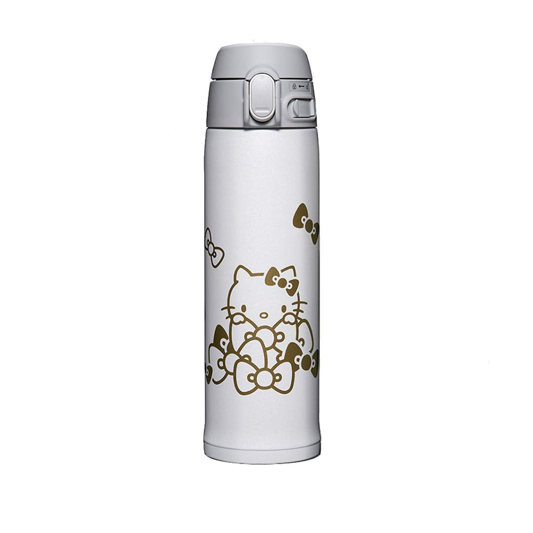 Zojirushi Hello Kitty front view showing compact insulated mug and portability benefits