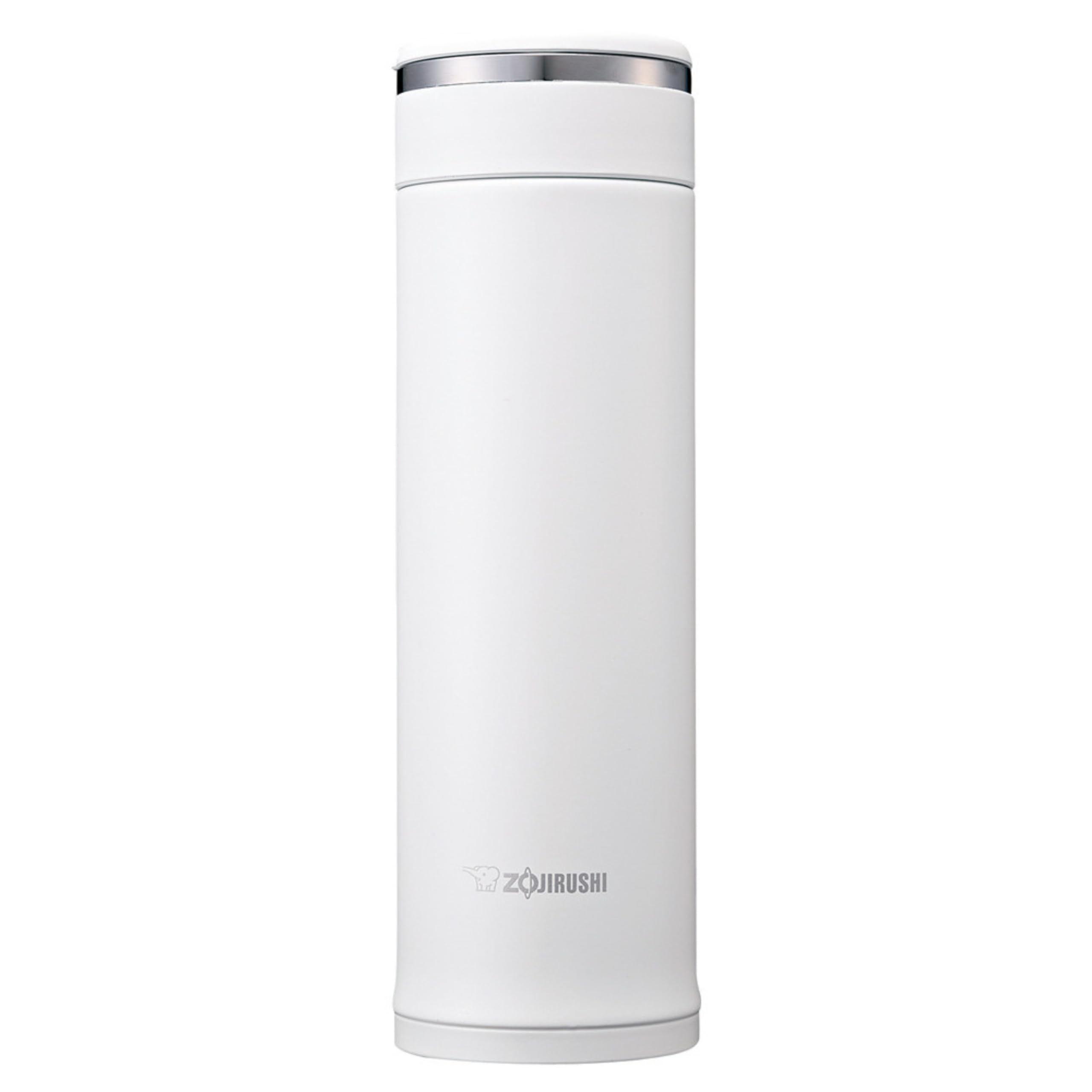 Zojirushi SM-JF48 front view showing compact white exterior and cap, durable travel benefit