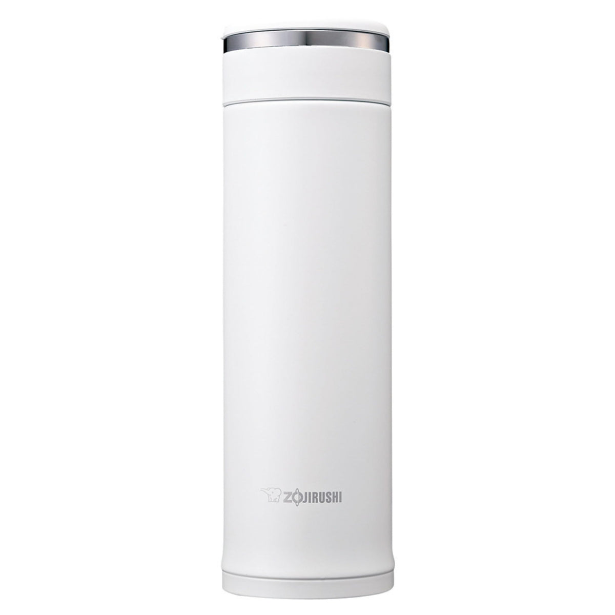 Zojirushi SM-JF48 front view showing compact white exterior and cap, durable travel benefit