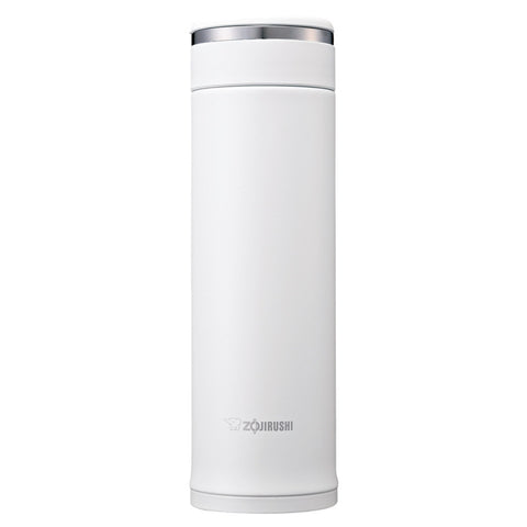 Zojirushi SM-JF48 front view showing compact white exterior and cap, durable travel benefit