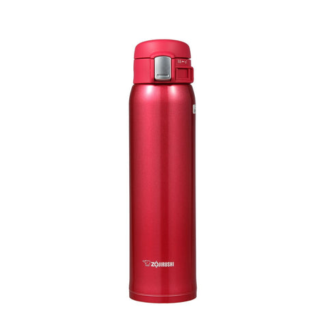 Zojirushi front view of clear red 20oz mug showing shape and finish, easy-carry benefit
