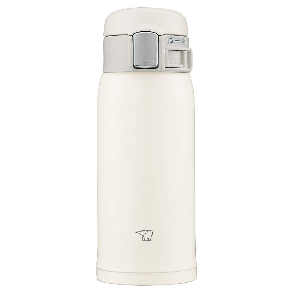 Zojirushi bottle front view showing pale white finish and compact profile benefit portable use