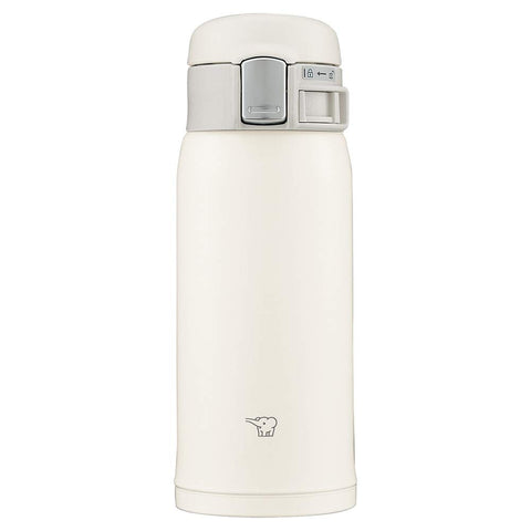 Zojirushi bottle front view showing pale white finish and compact profile benefit portable use