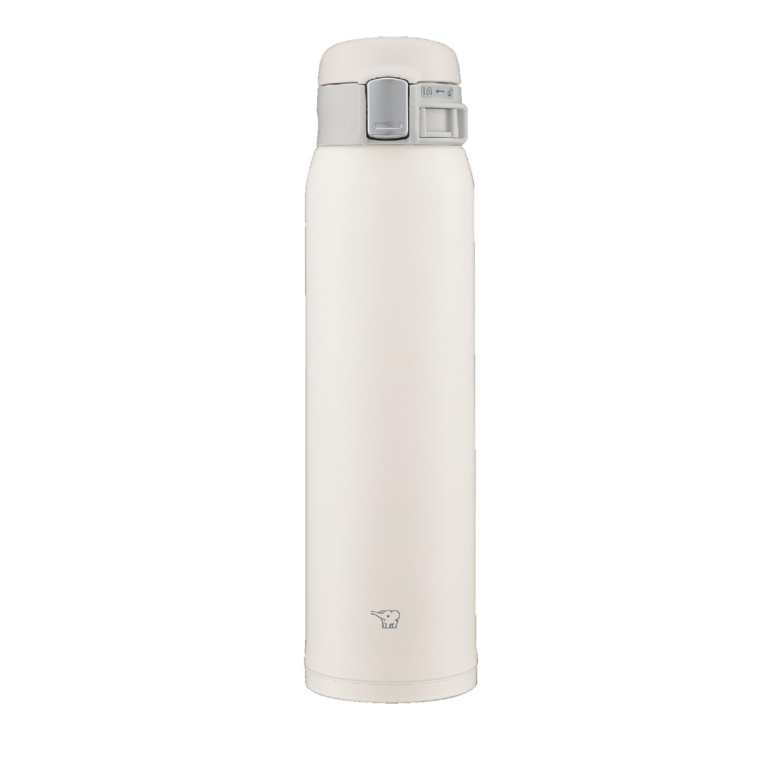 Zojirushi bottle front view showing pale white finish and compact profile for easy carrying
