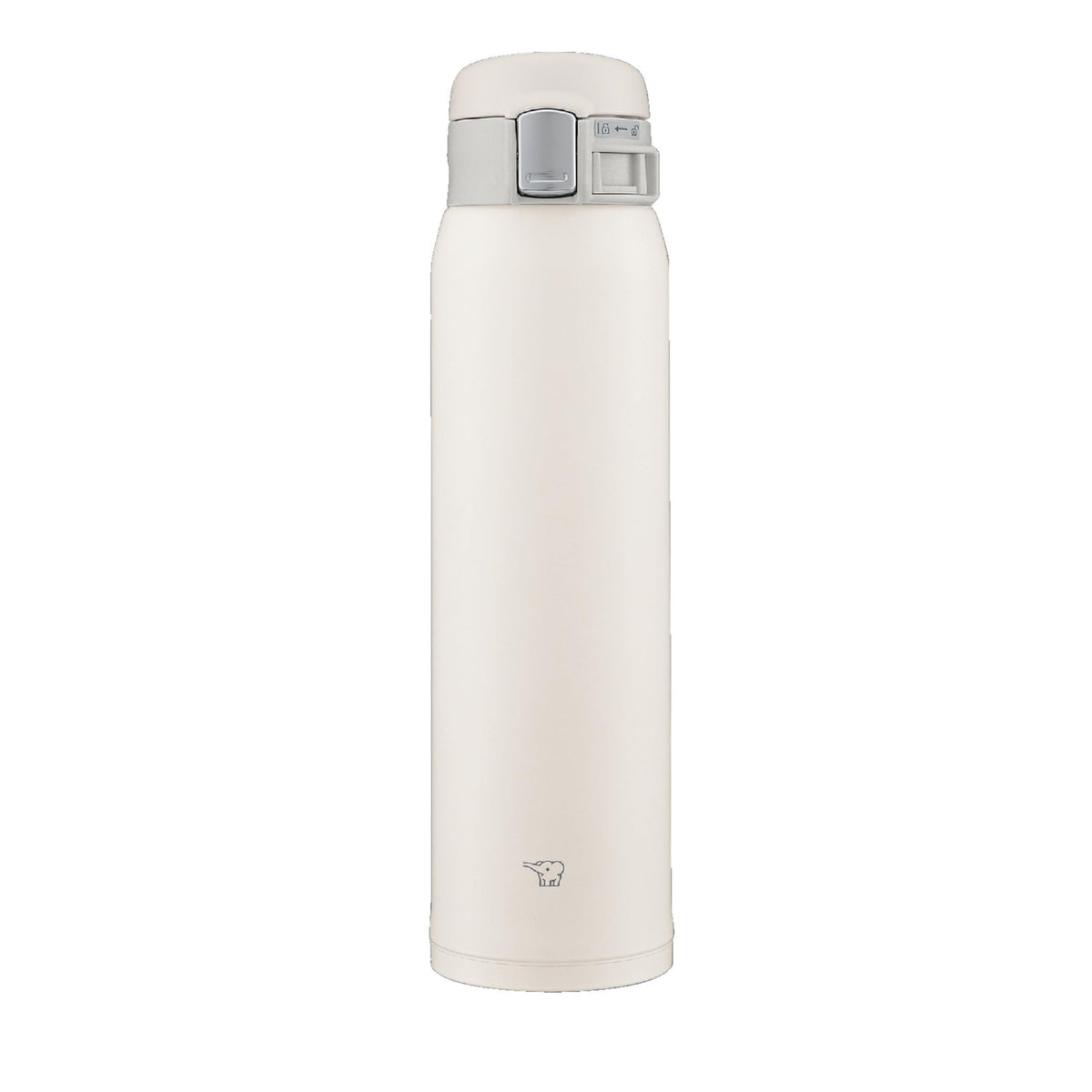 Zojirushi bottle front view showing pale white finish and compact profile for easy carrying