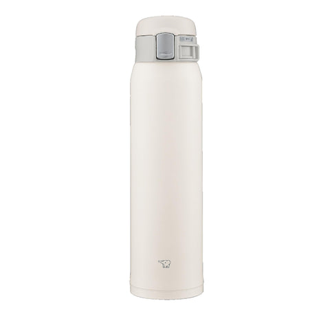 Zojirushi bottle front view showing pale white finish and compact profile for easy carrying