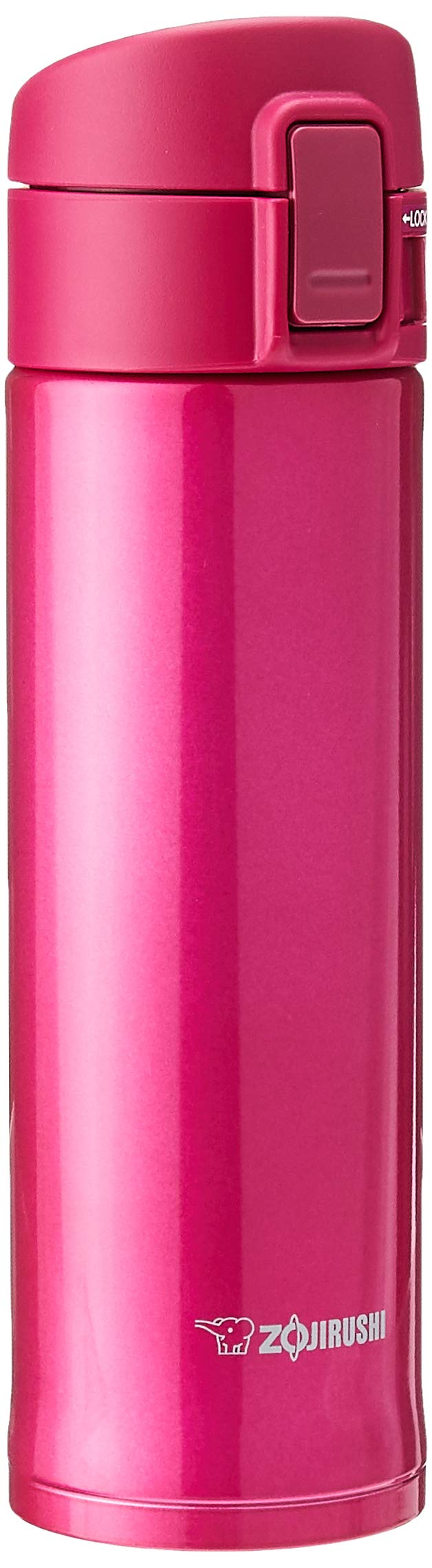 Zojirushi cherry stainless mug front view showing slim profile and durable finish