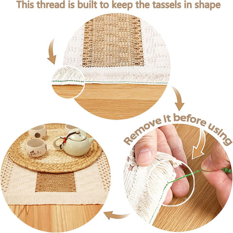 Zology rectangular boho mat detail with burlap stripes and cotton tassels benefit