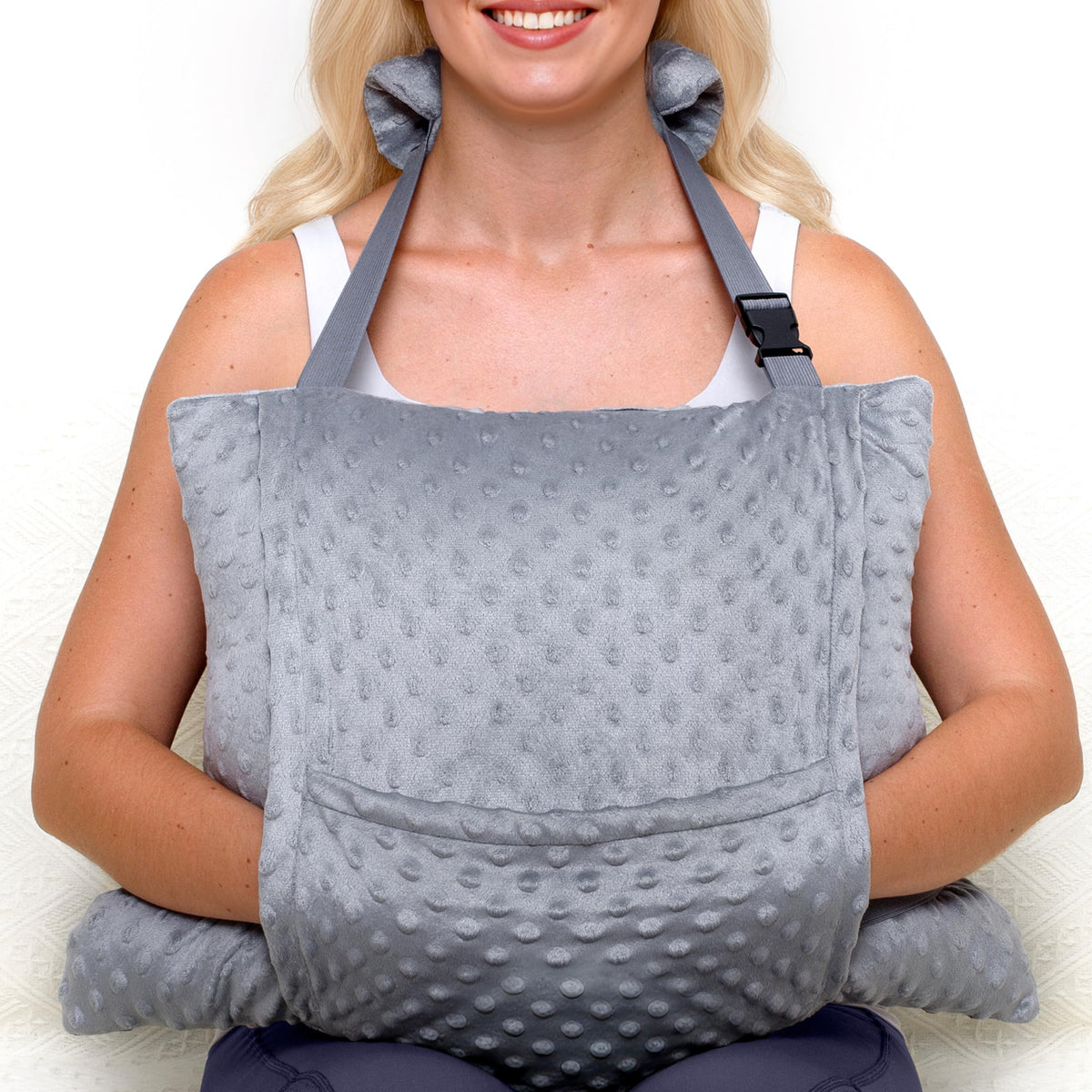 Zomaple front view of pillow showing wide abdominal coverage and soft protection