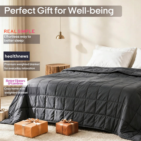 ZonLi blanket laid on bed in room setting showing cozy, calming sleep benefit