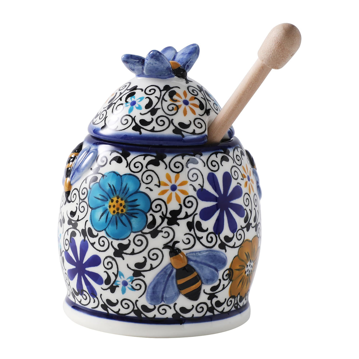 ZOOBEE front view of handpainted honey jar showing farmhouse charm and practical lid