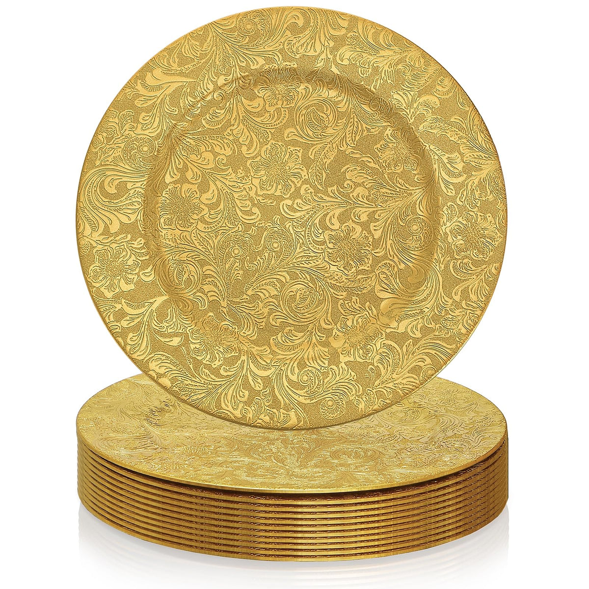 ZOOFOX front view of 12-pack gold charger plates showing elegant set and convenience