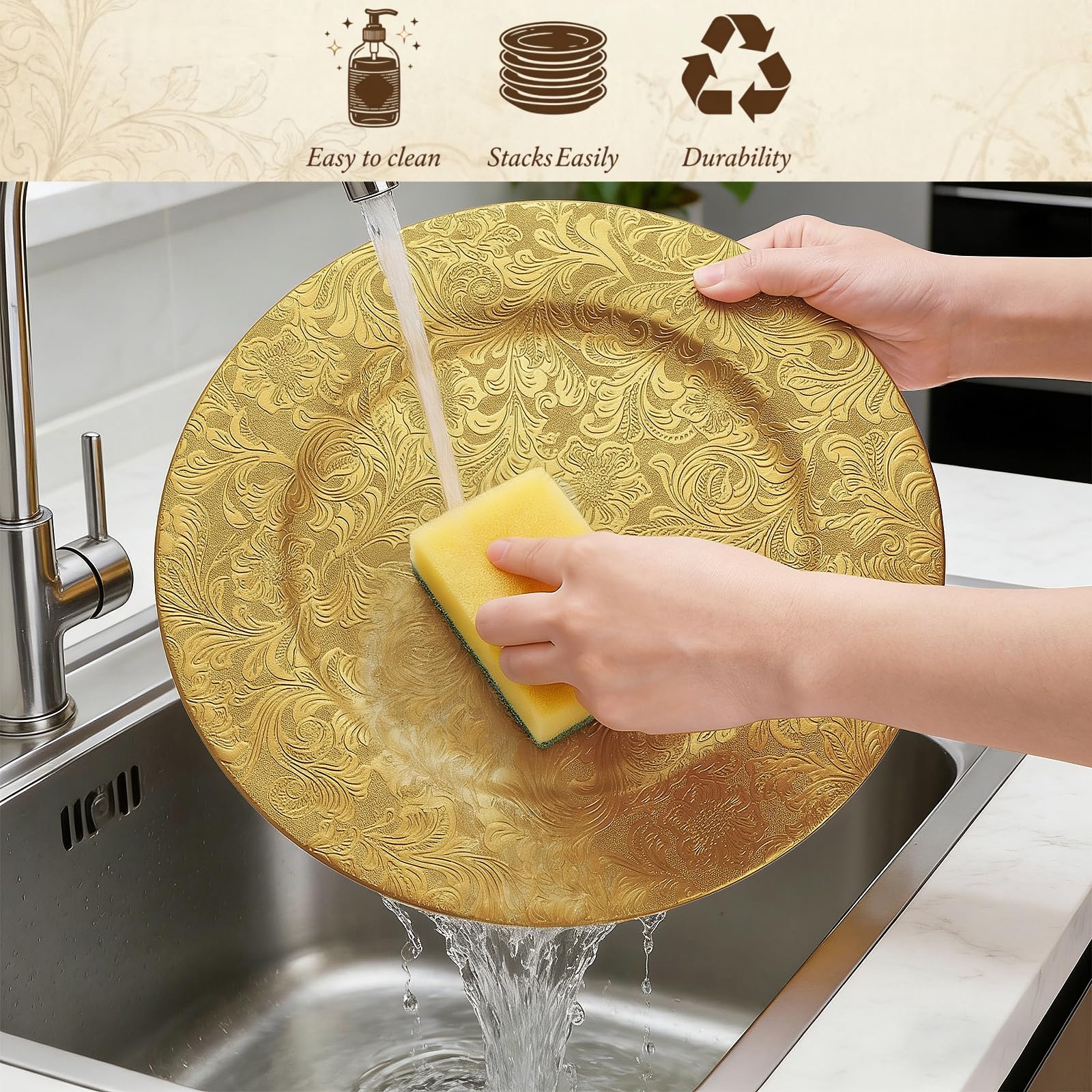 ZOOFOX charger underneath dinner plate demonstrating protection for table linens
