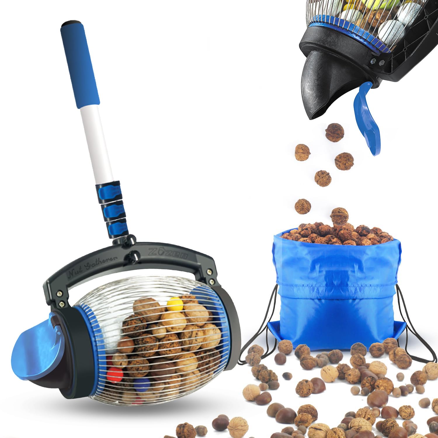 zozen front view of nut gatherer showing full unit and benefits of upright collection