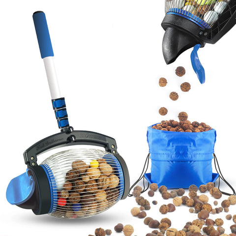 zozen front view of nut gatherer showing full unit and benefits of upright collection
