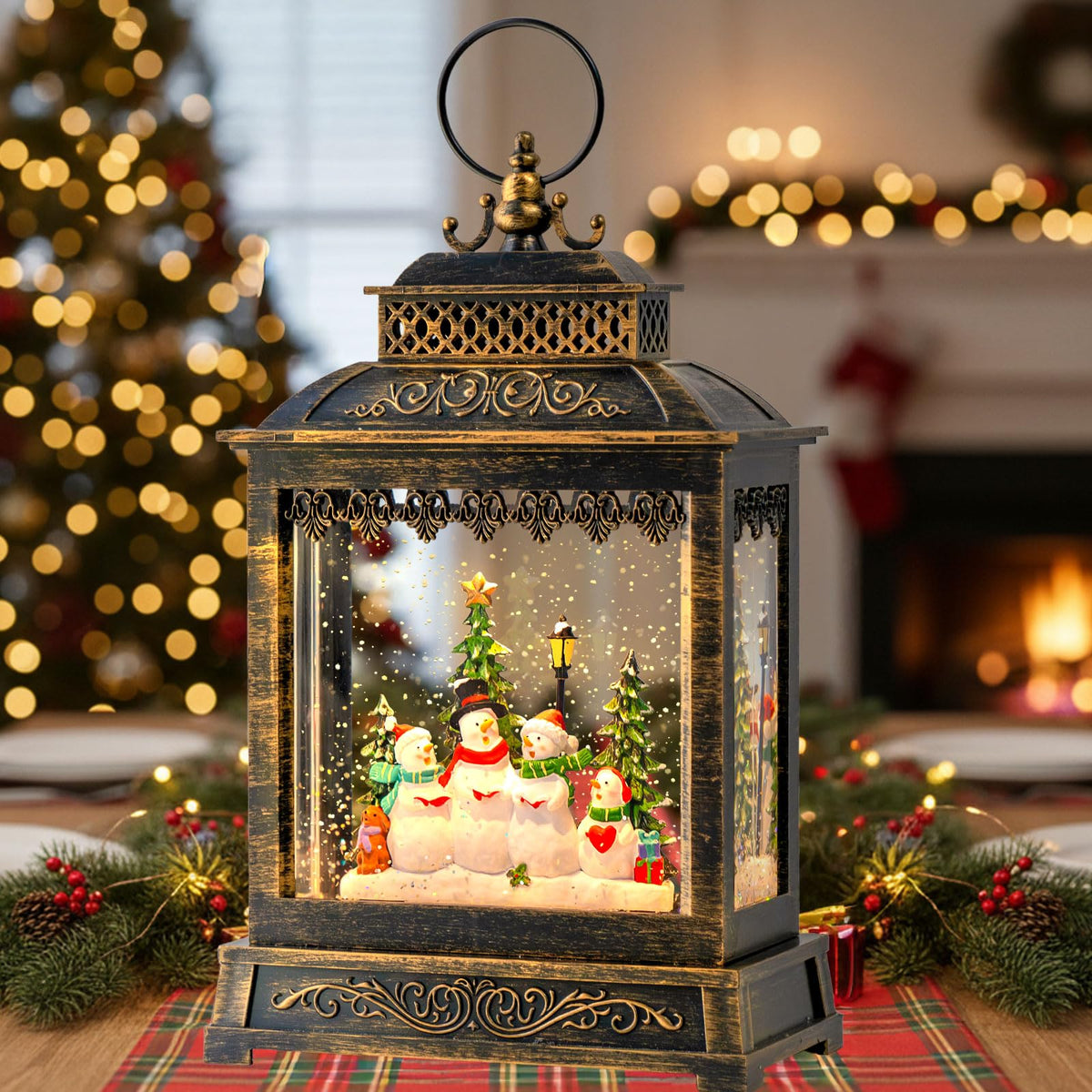 ZQQLITE front view lantern showing festive snowman scene and warm glow