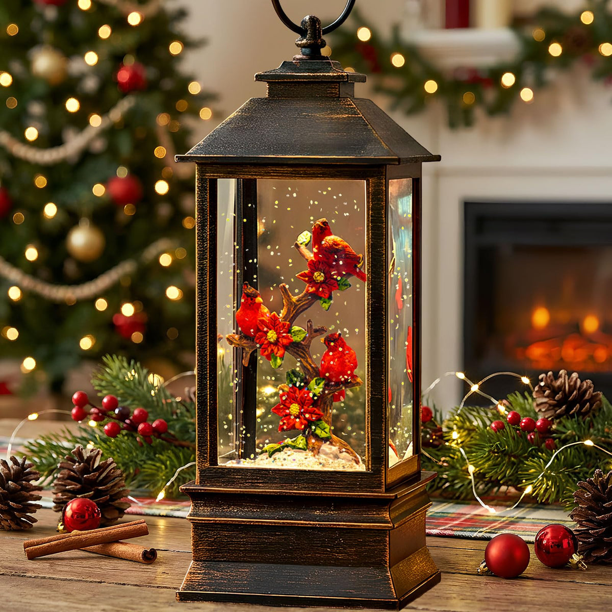ZQQLITE front view of snow globe lantern showing cardinal scene and glass clarity