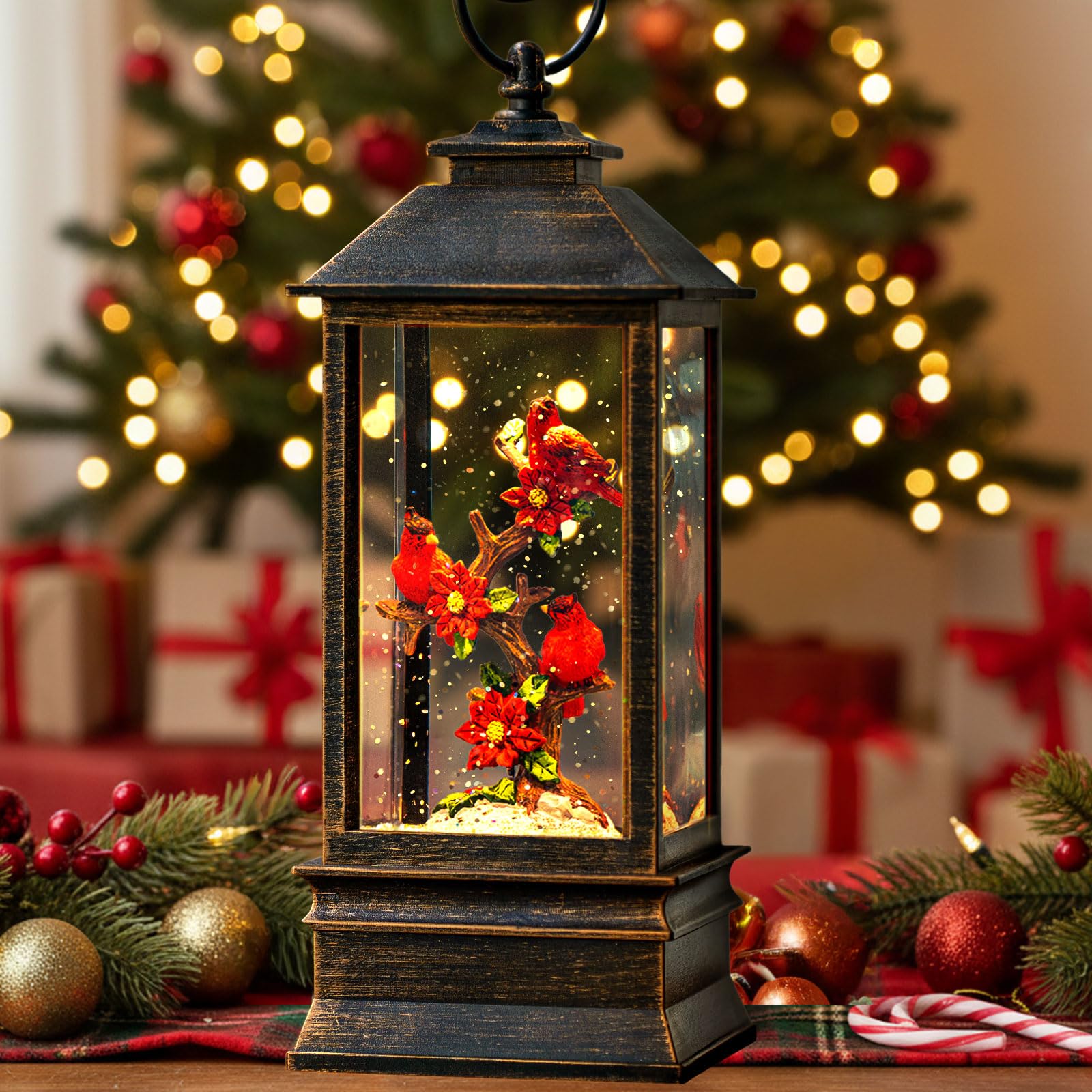 ZQQLITE styled on a mantel showing scale and seasonal tabletop decoration