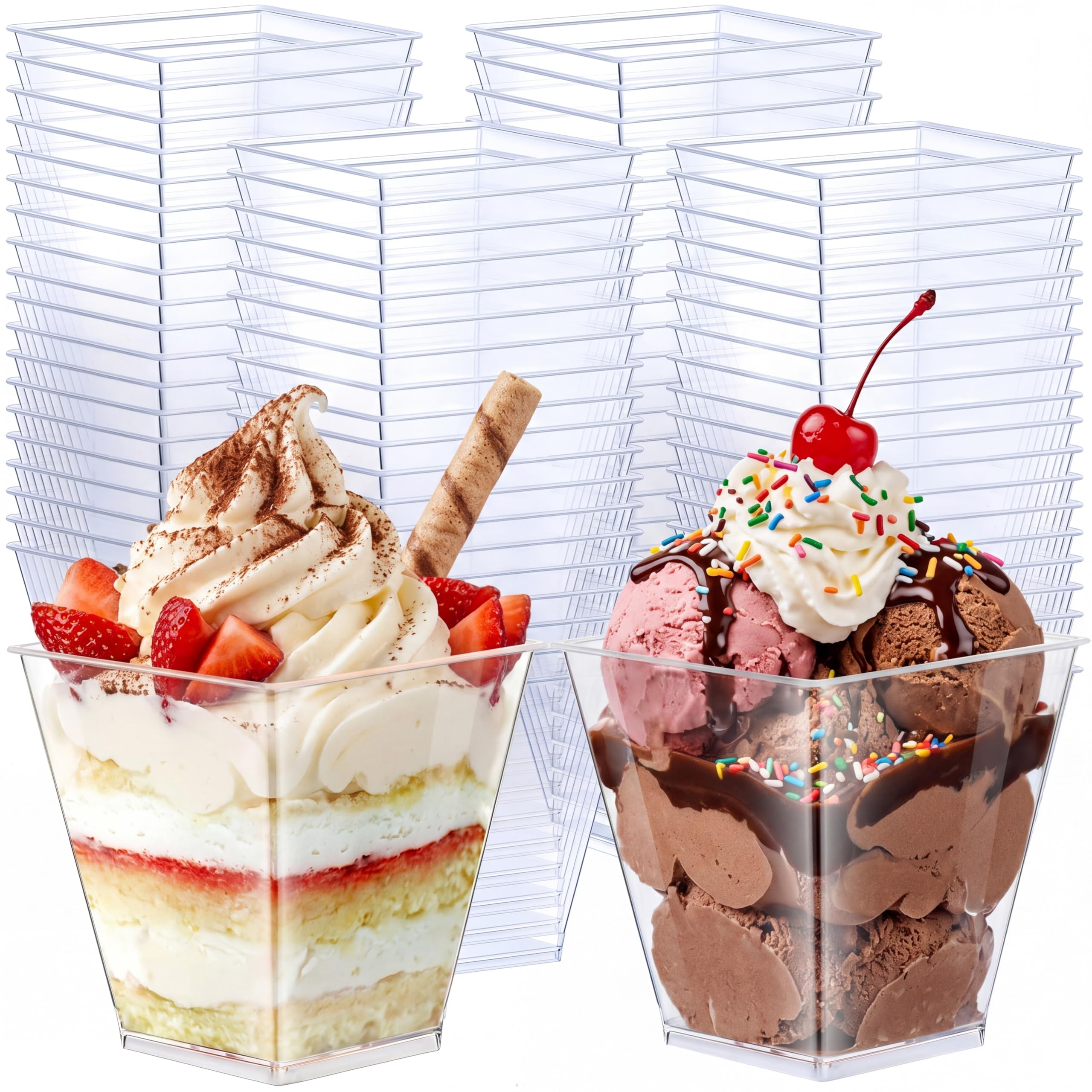 Zubebe front view of 100-pack clear square dessert cups showing tidy packaging and quantity