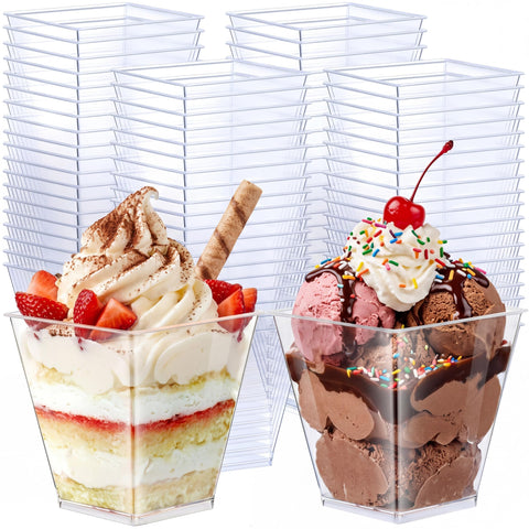 Zubebe front view of 100-pack clear square dessert cups showing tidy packaging and quantity