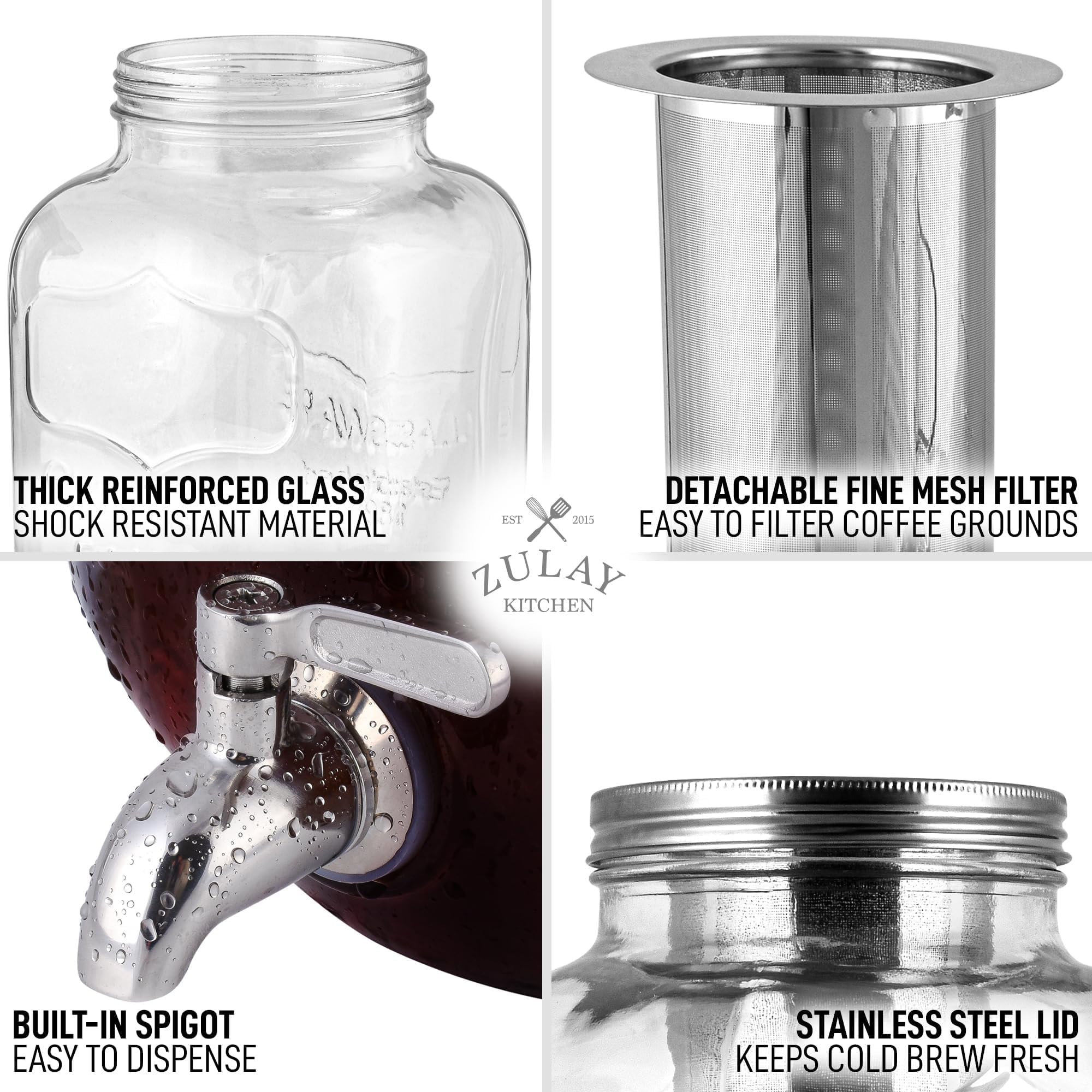 Zulay pitcher filled with cold brew and ice showing clear sediment-free beverage
