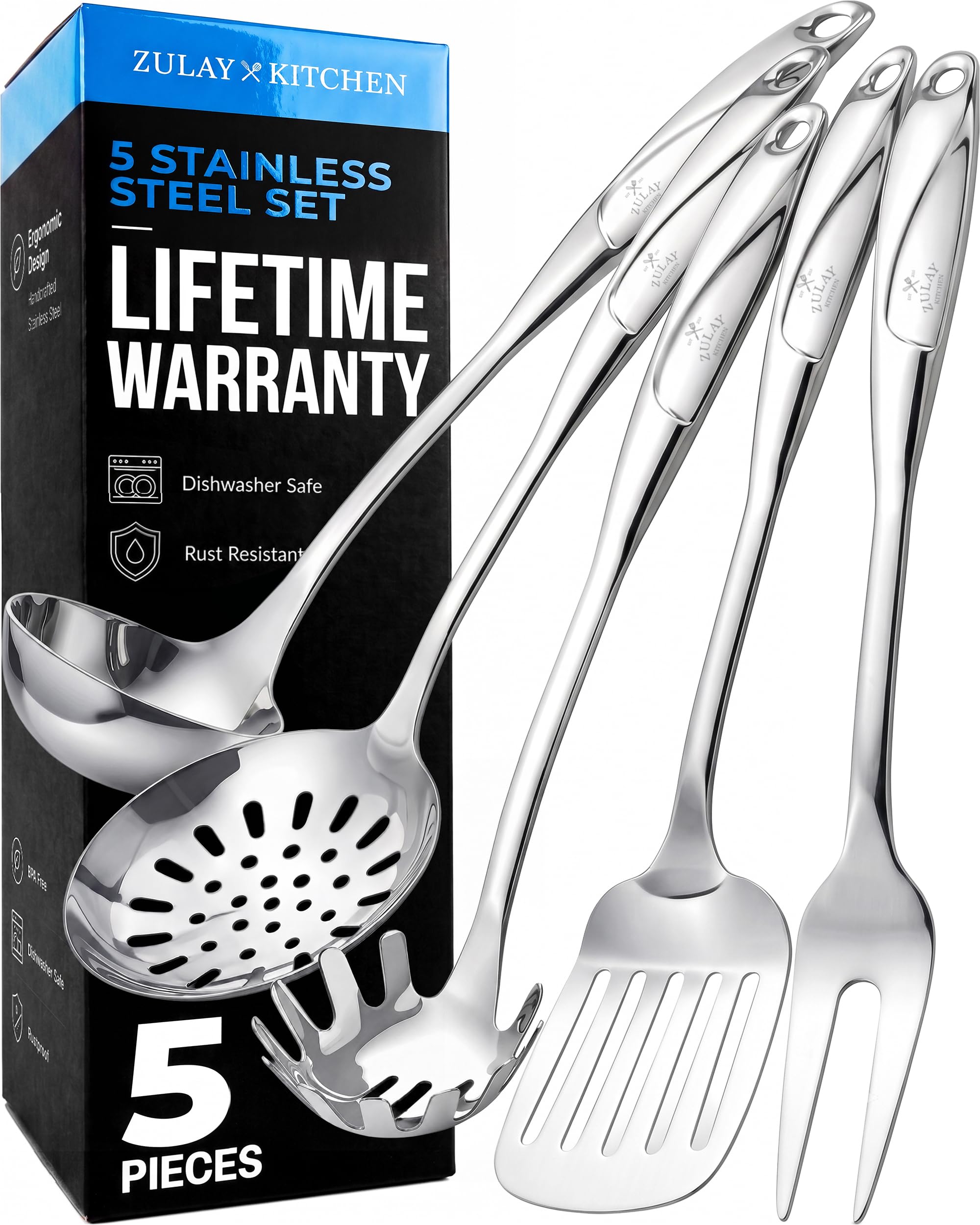 Zulay Kitchen front view of five-piece stainless set showing polished finish and matching tools