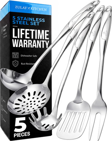 Zulay Kitchen front view of five-piece stainless set showing polished finish and matching tools