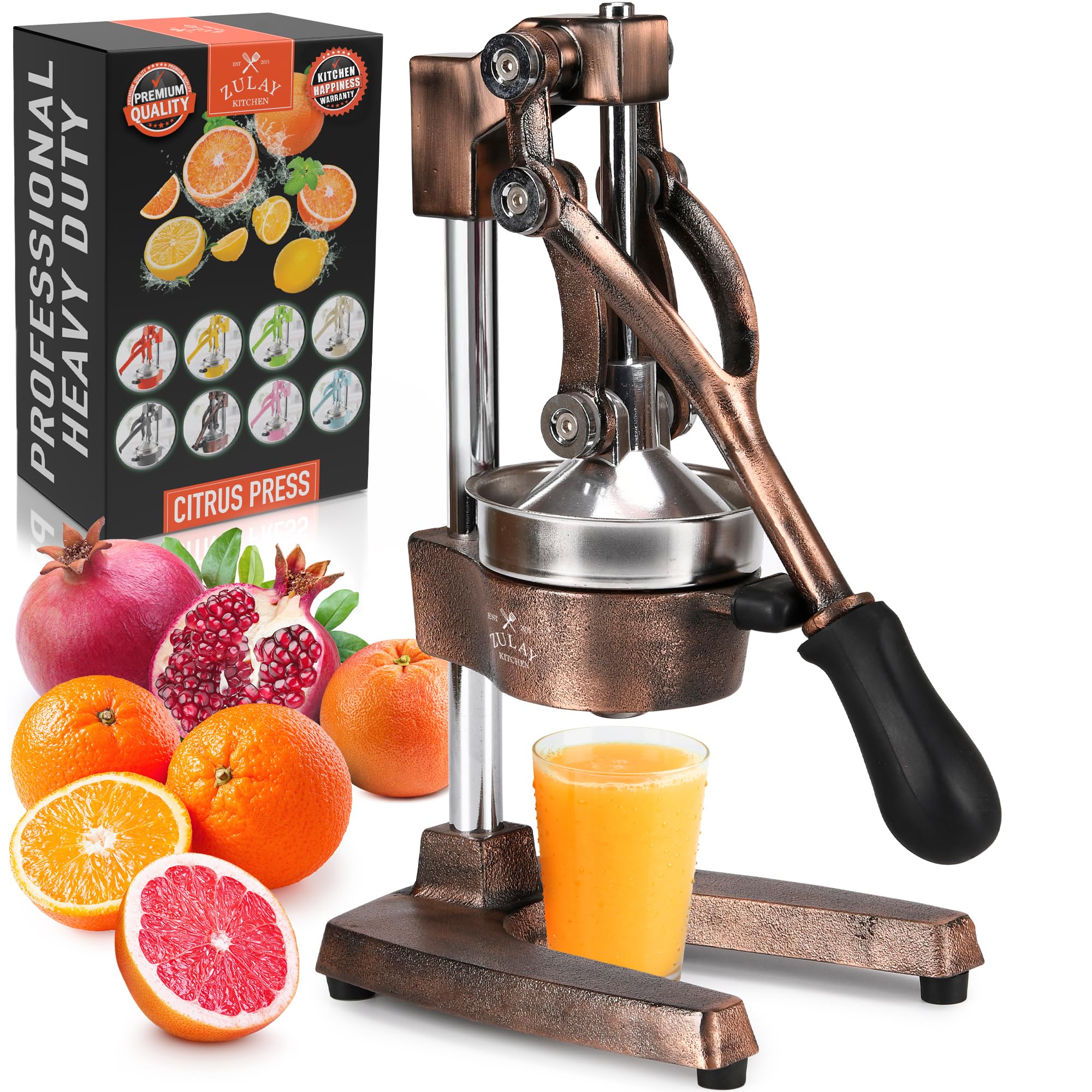 Zulay Kitchen front view of cast iron juicer showing sturdy design and quick extraction