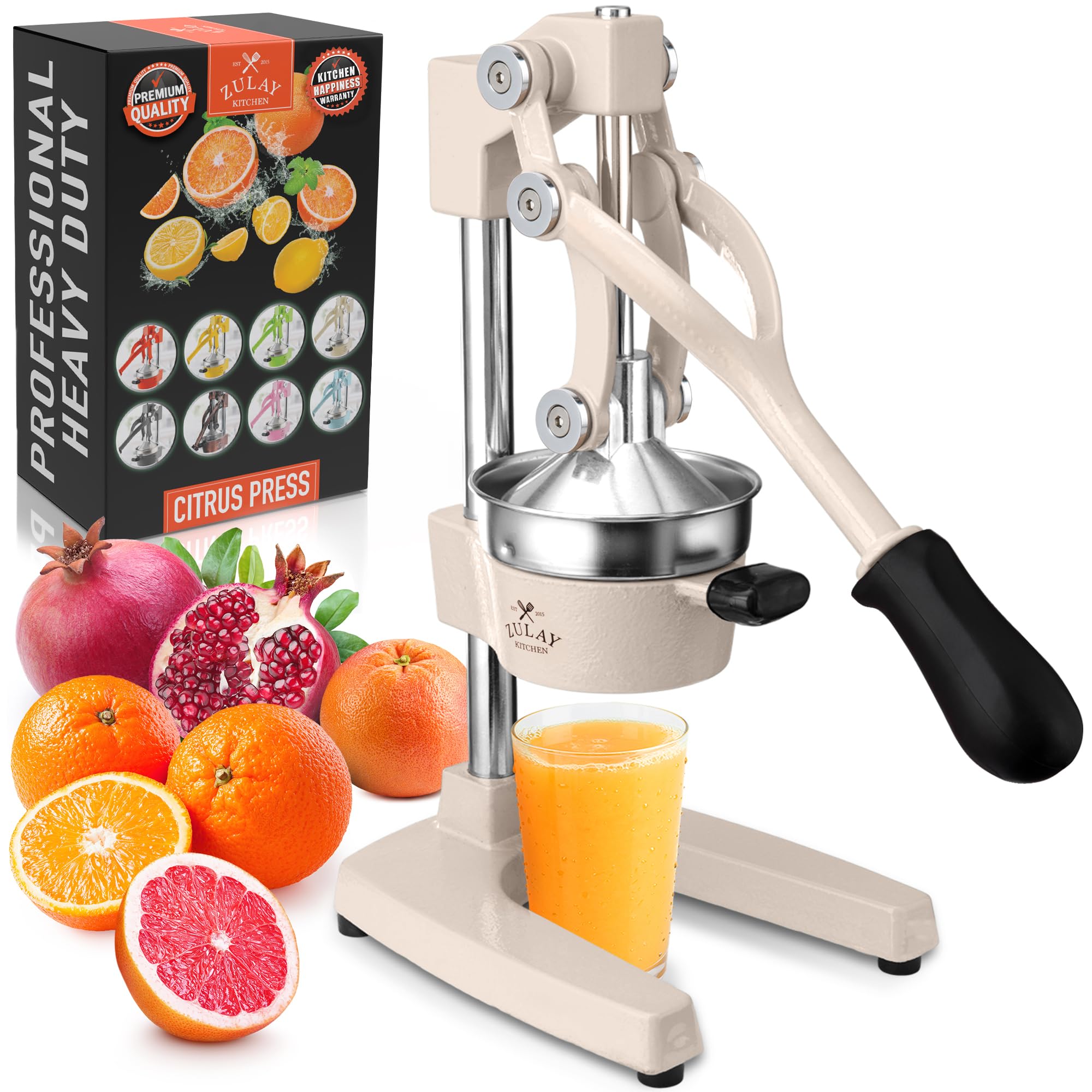 Zulay Kitchen front view of cast iron juicer showing sturdy design and quick juicing benefit