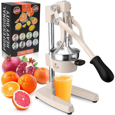 Zulay Kitchen front view of cast iron juicer showing sturdy design and quick juicing benefit