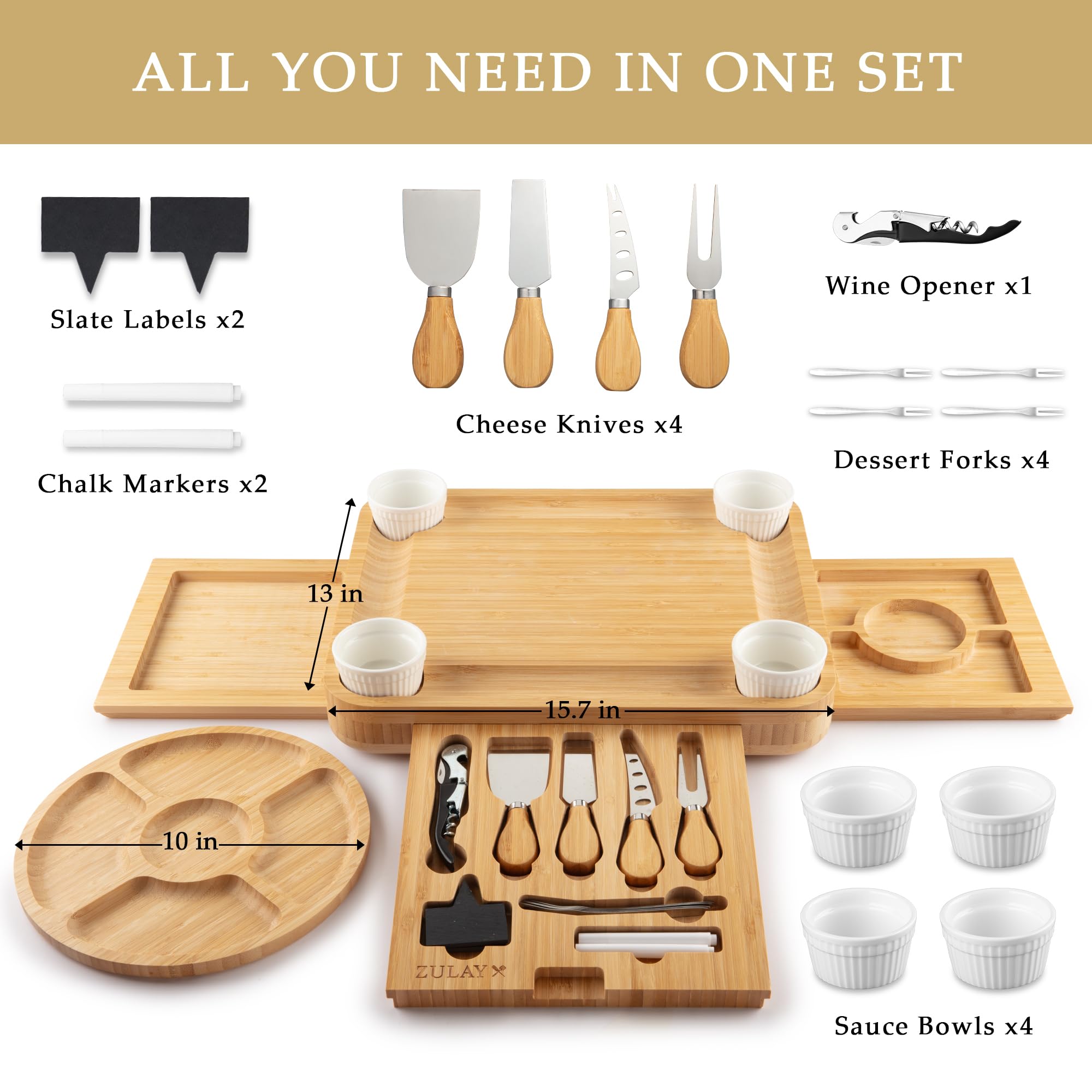 Zulay Kitchen board with pull-out drawers open displaying stored knives and labels for convenience