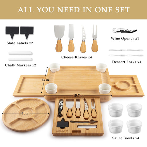 Zulay Kitchen board with pull-out drawers open displaying stored knives and labels for convenience