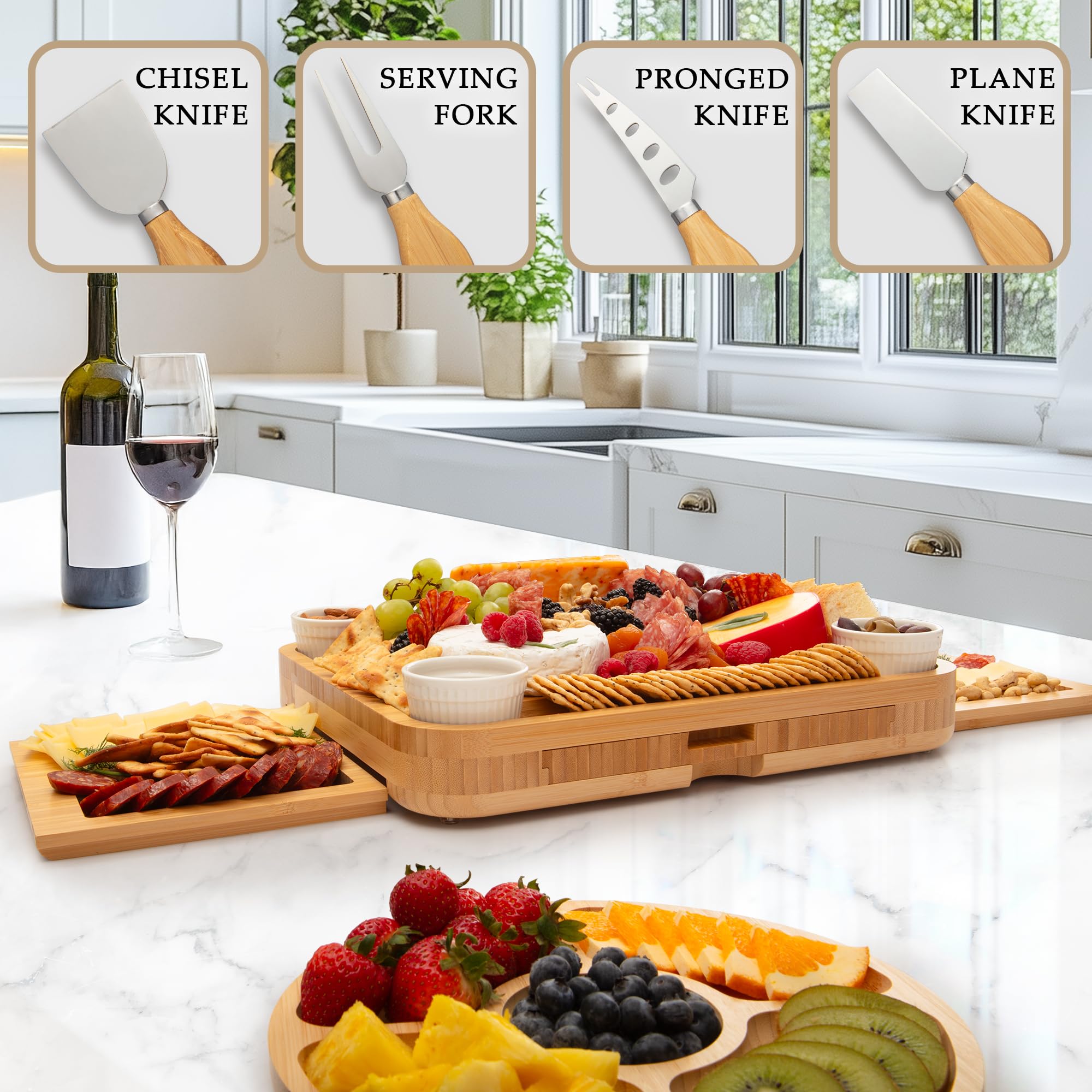 Zulay Kitchen charcuterie set on table in a living room setting illustrating effortless entertaining