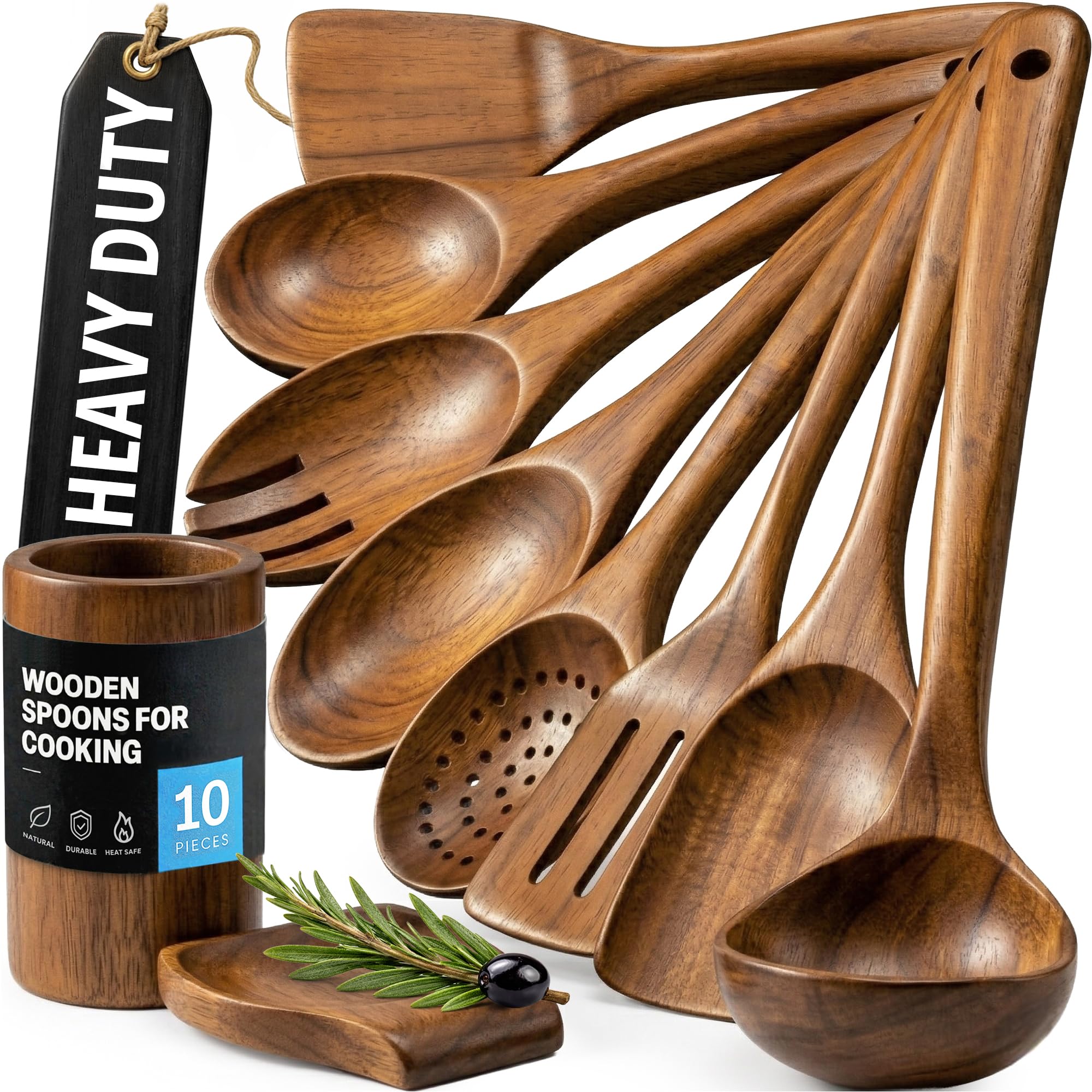 Zulay Kitchen front view of 10-piece teak utensil set showcasing completeness