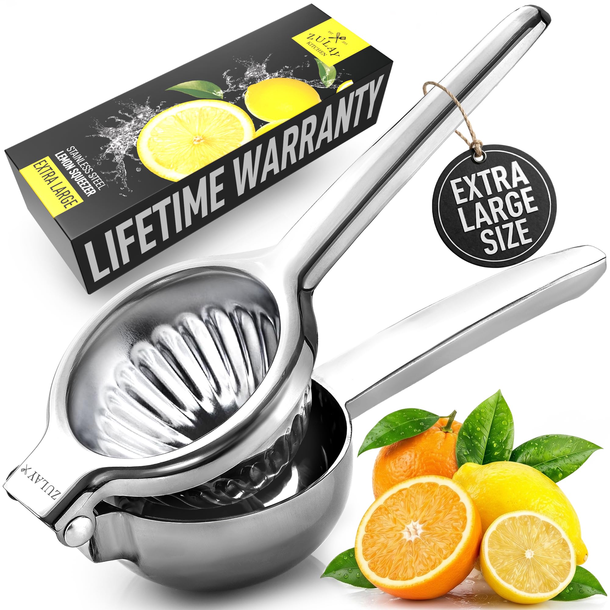 Zulay Kitchen front view of stainless lemon squeezer, durable and efficient