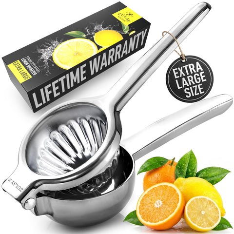 Zulay Kitchen front view of stainless lemon squeezer, durable and efficient