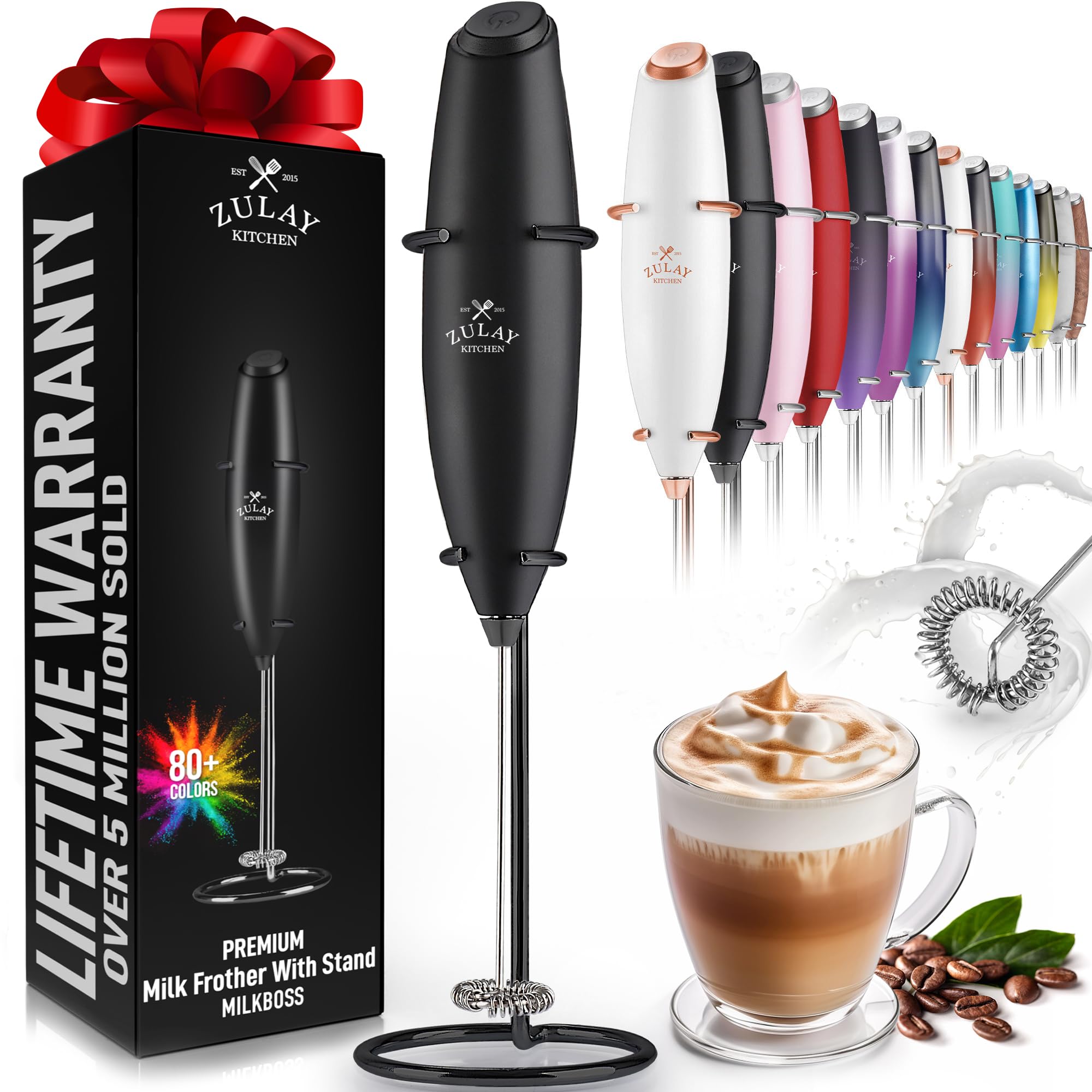 Zulay Kitchen frother front view showing sleek black body and button, fast frothing