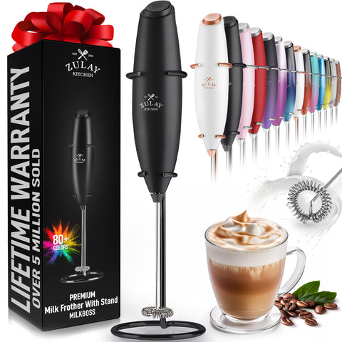 Zulay Kitchen frother front view showing sleek black body and button, fast frothing