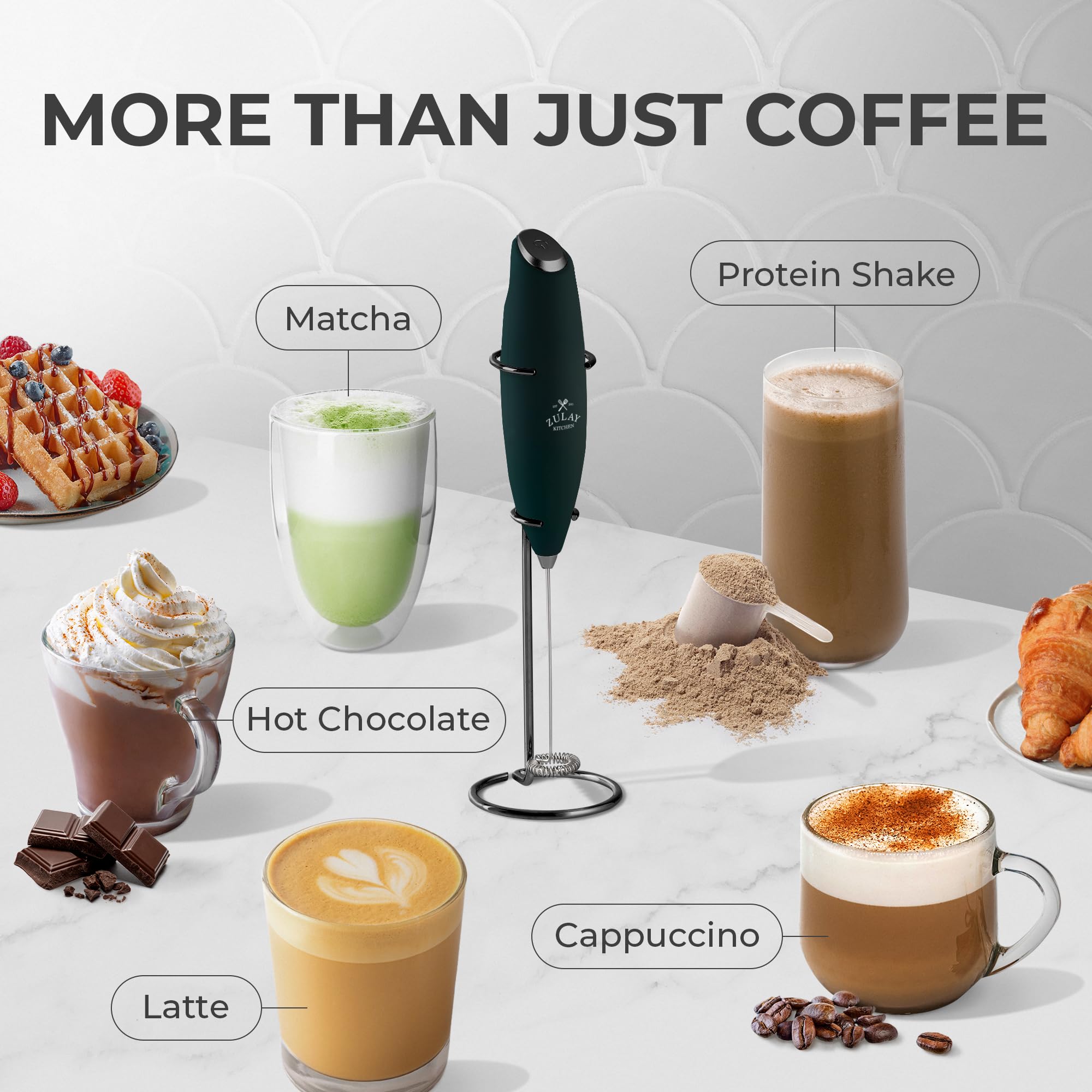 Zulay Kitchen frother in use creating latte foam in cup, café-style texture