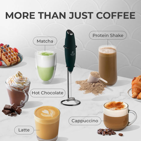 Zulay Kitchen frother in use creating latte foam in cup, café-style texture
