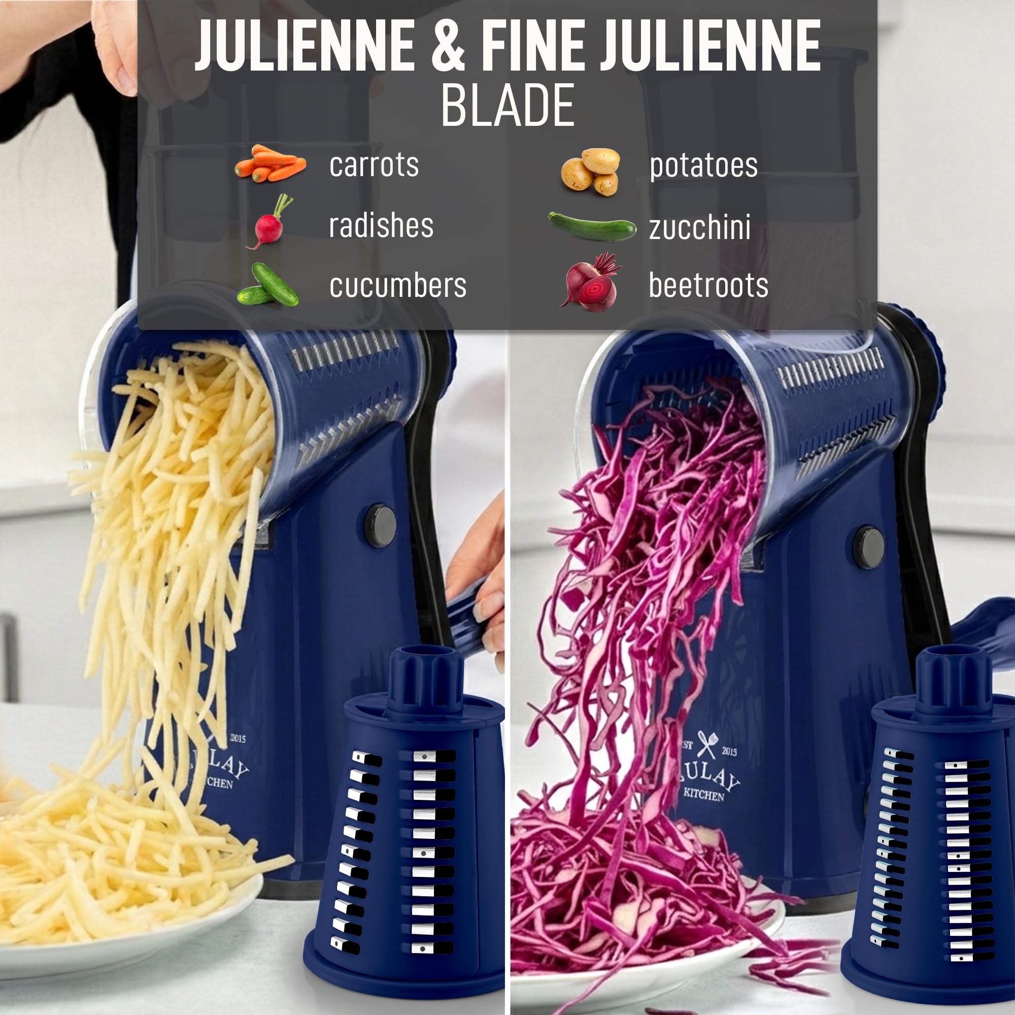 Zulay Kitchen grater in kitchen showing compact sapphire design benefits
