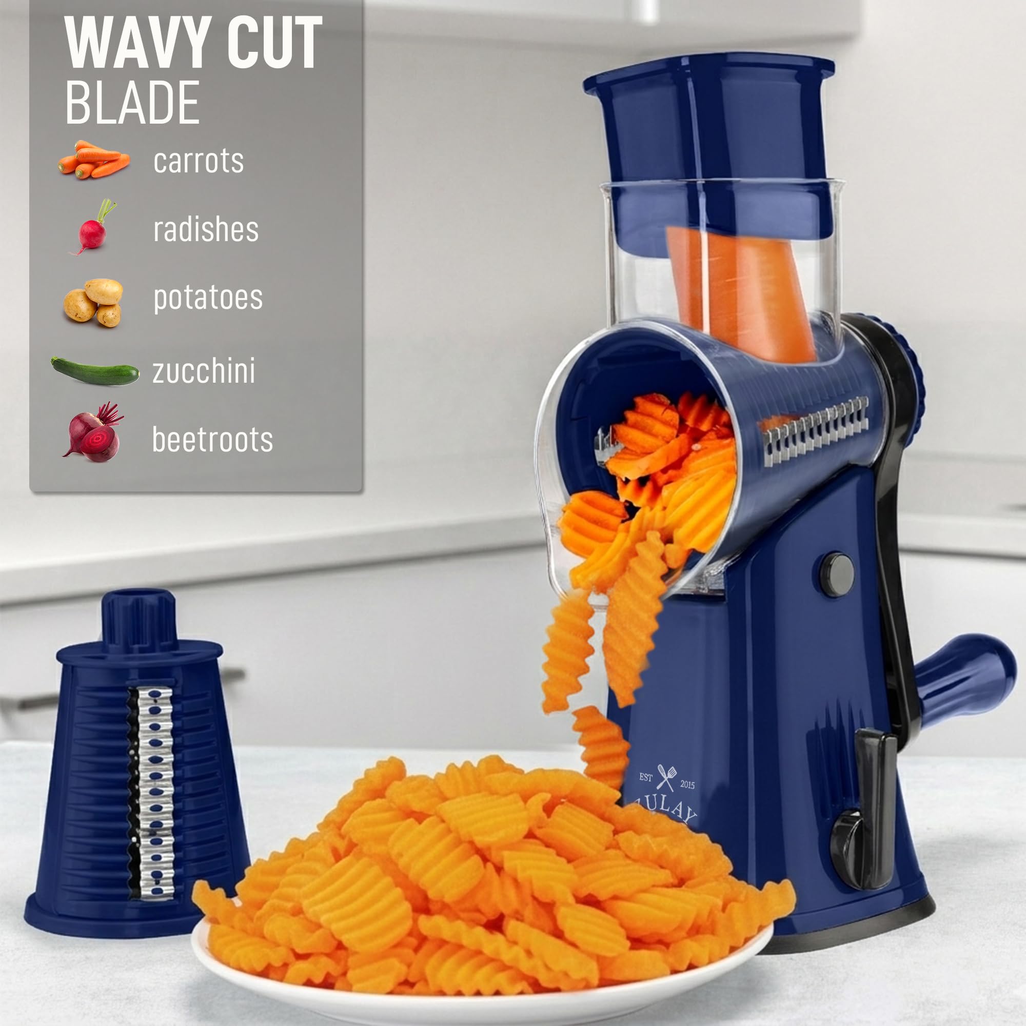 Zulay Kitchen set of five stainless steel blades showing versatile cuts