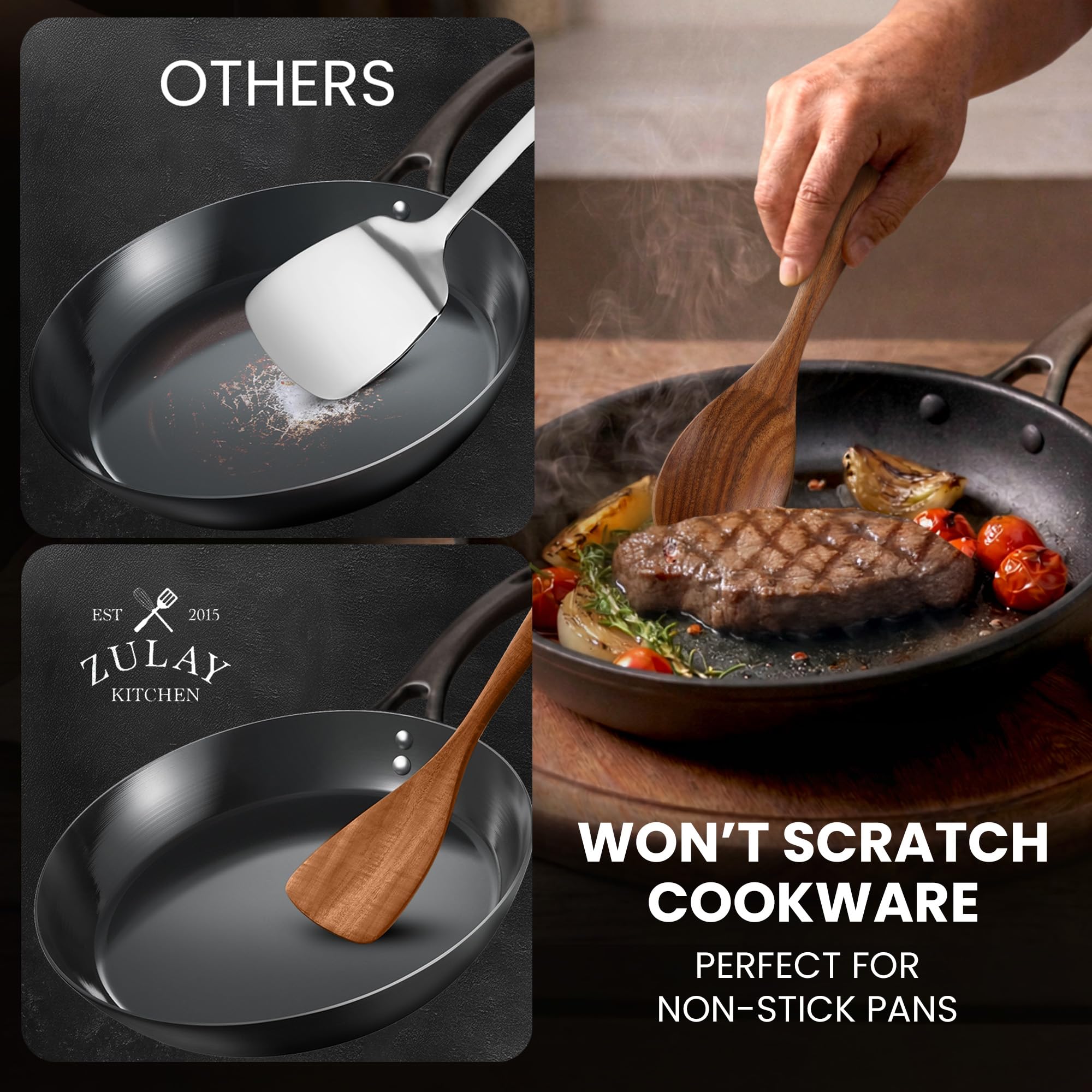 Zulay Kitchen utensils hanging on rail for tidy storage and quick access
