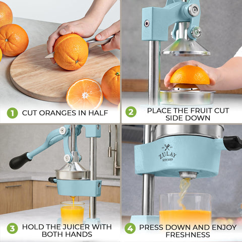 Zulay Kitchen juicer in use squeezing an orange for fresh juice