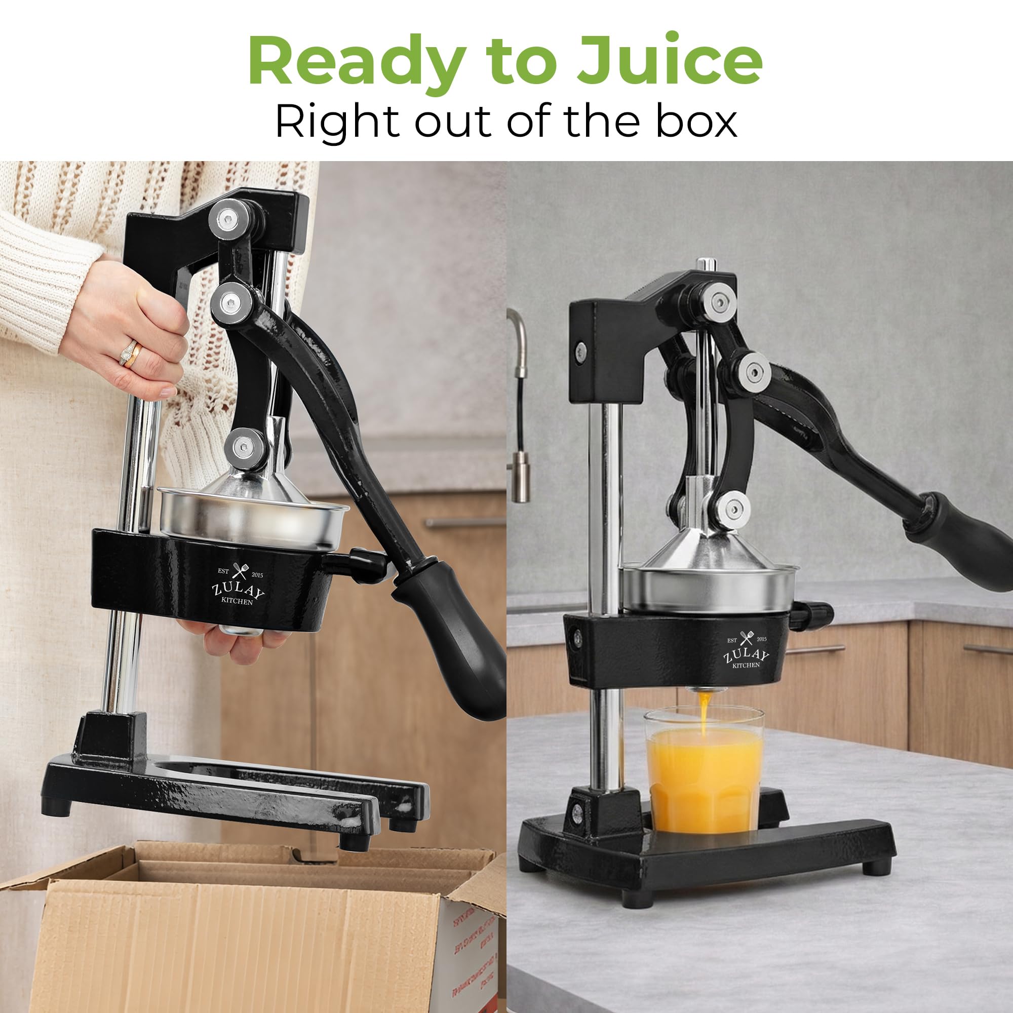 Zulay Kitchen juicer in use pressing orange for fast fresh juice