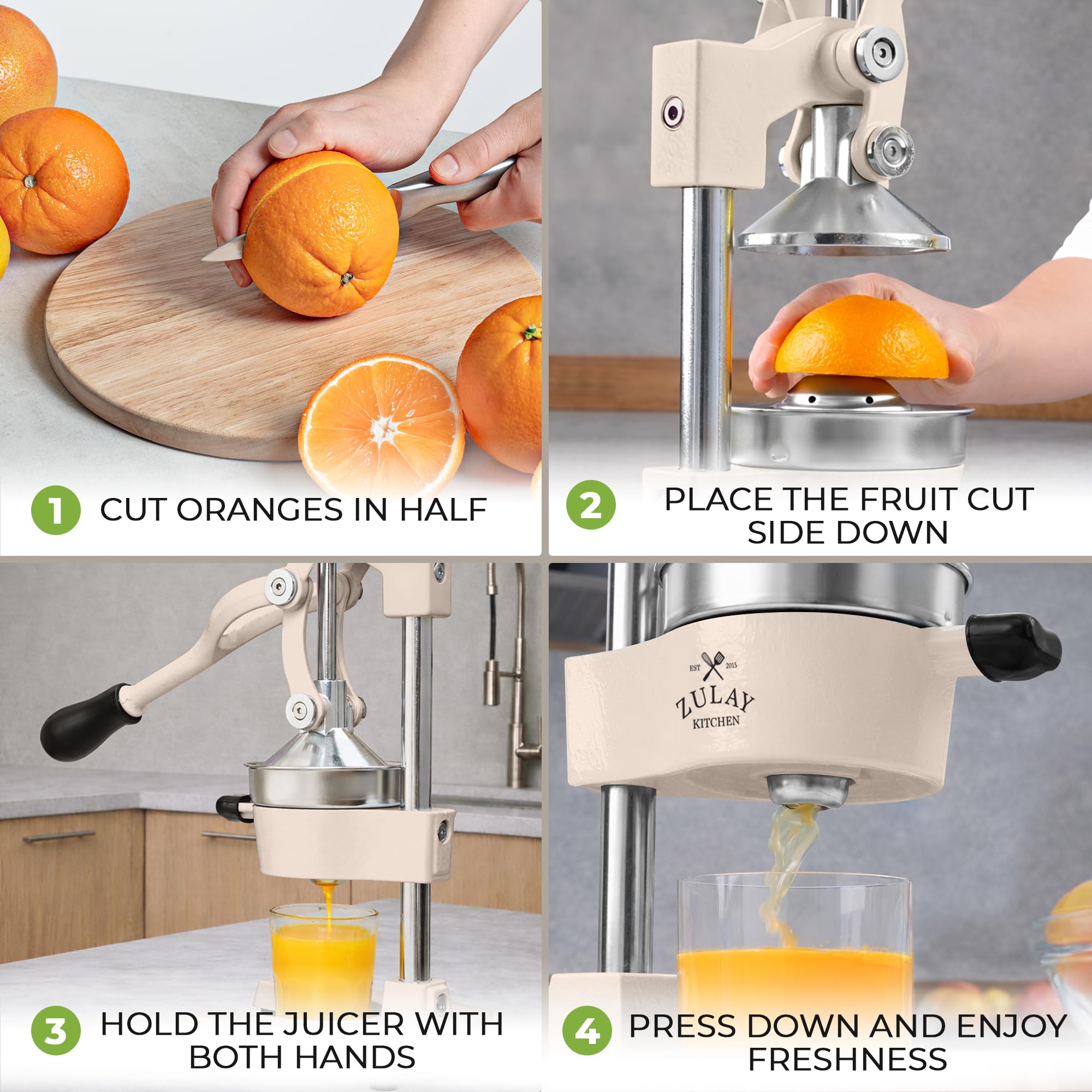 Zulay Kitchen juicer 5-inch bowl beside citrus for scale demonstrating capacity benefit